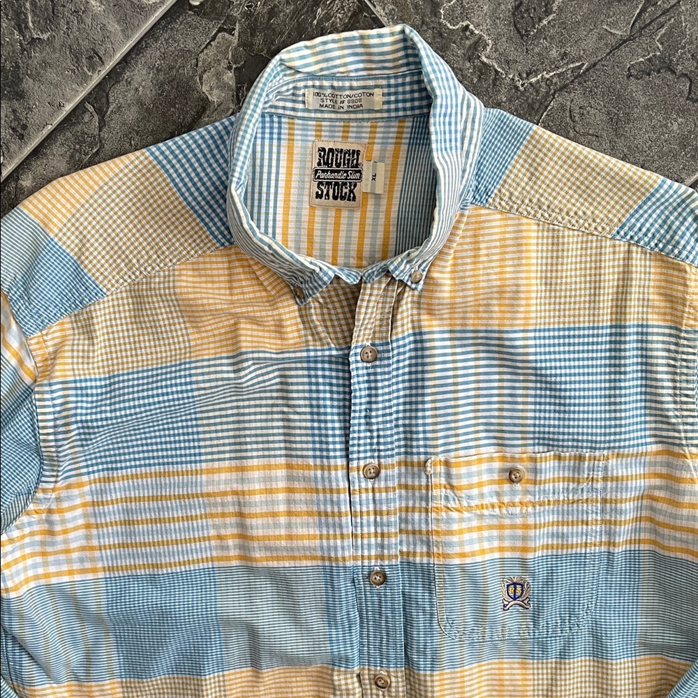 PANHANDLE SLIM Rough Stock Casual Blue & Yellow Preppy Plaid Button-Down Shirt